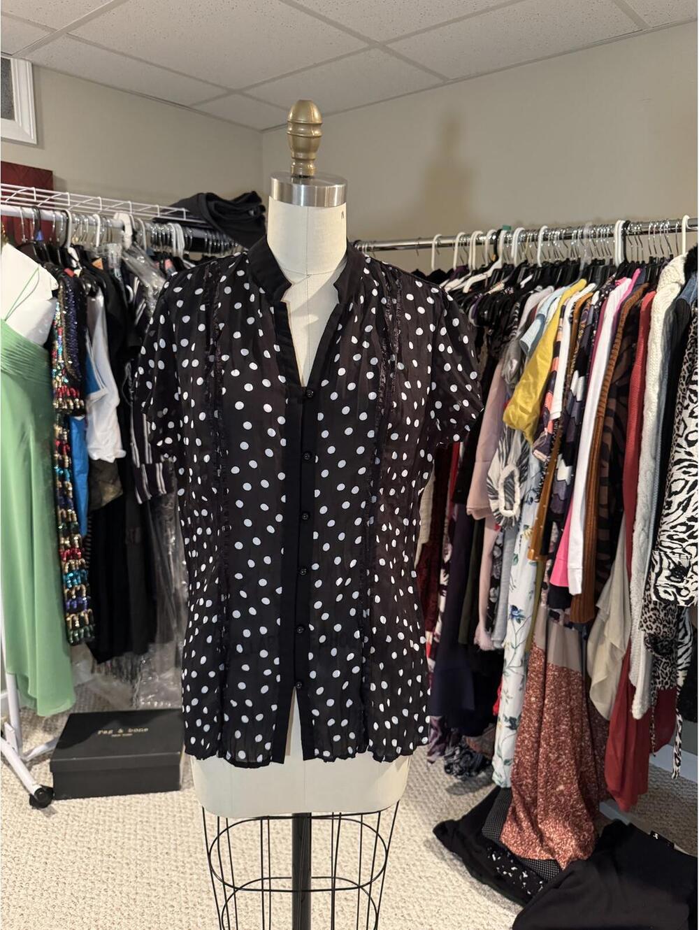 Black and White Polka Dot Button-Up Blouse - Medium
